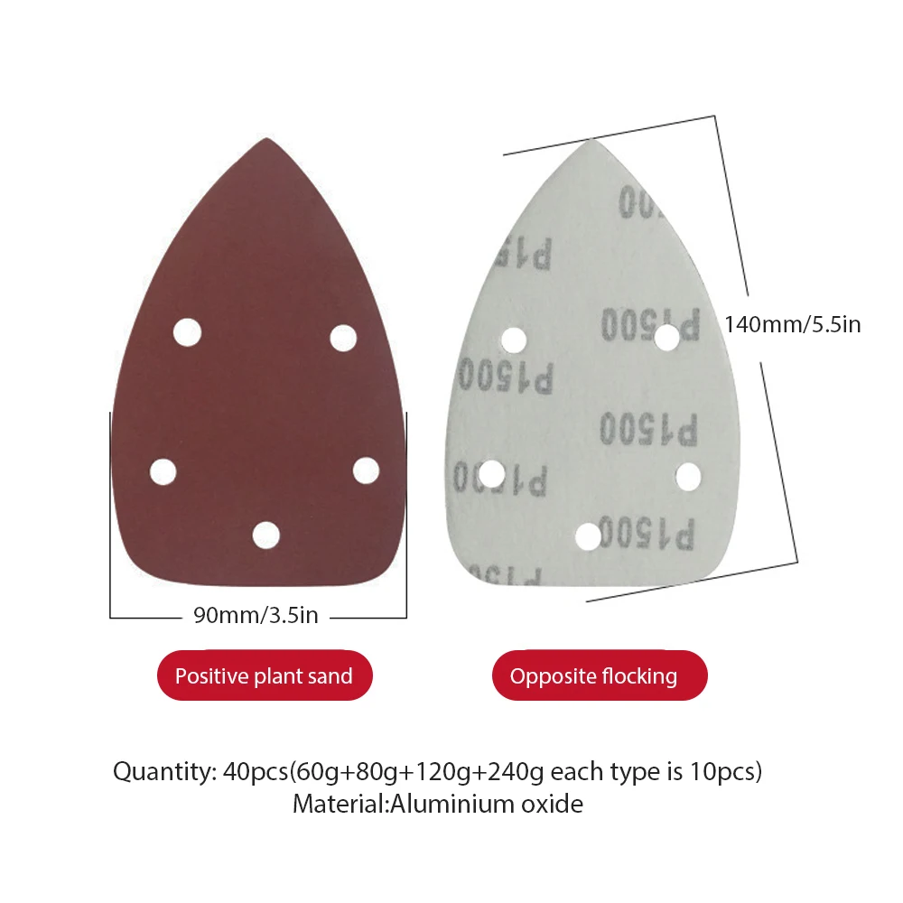 

40 Pack Flocking Sandpaper Triangle 5 holes Mini Mouse Detail Sandpaper Sanding Disc Pad Oscillating Multi-tool Power Tool