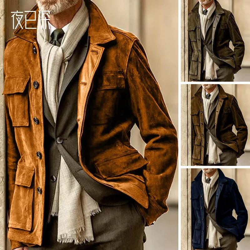 

Men's Suede Long Coat Jacket Clothing Casual Vintage Jackets Coats Full Sleeve Button Double Breasted Solid Color