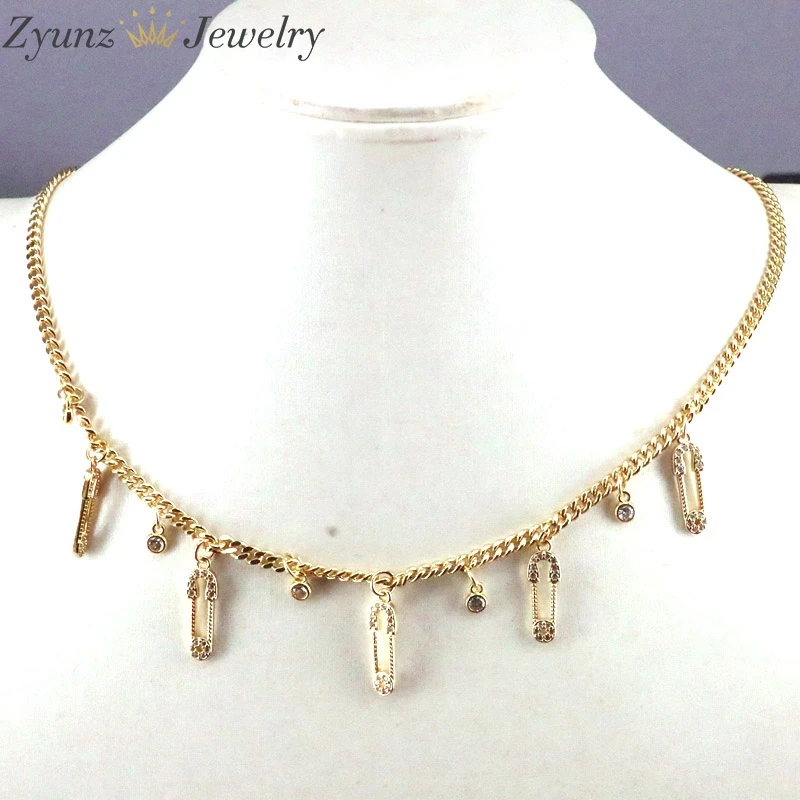 

5PCS, Vintage unique women jewelry Gold color micro pave cz safety pin link chain choker necklace