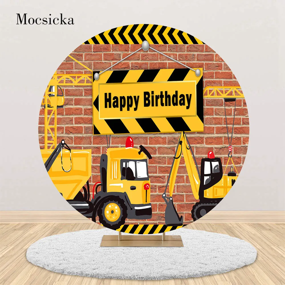 

Mocsicka Child Birthday Round Photo Background Excavator Construction Brick Wall Photography Backdrops Circle Covers Photo Shoot