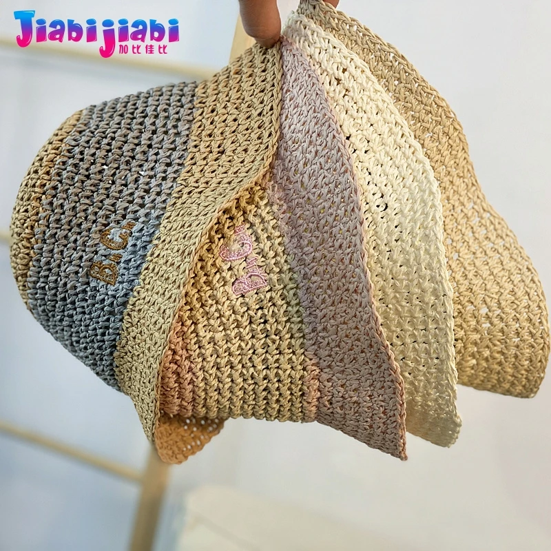 Панама летняя детская соломенная шляпа расшитая разноцветными буквами ручная