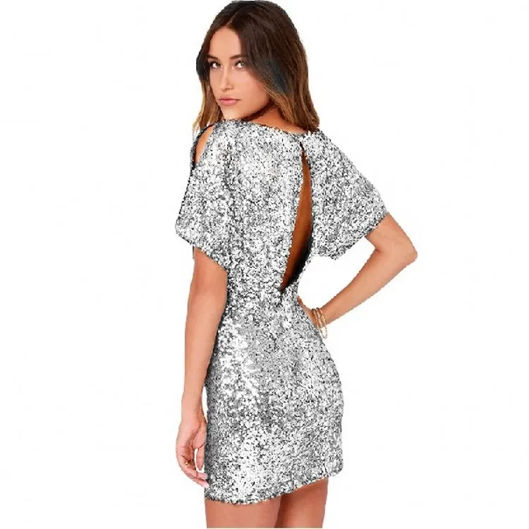 Silver Женское платье для вечеринки, короткое, новинка, весеннее платье с открытой спиной и блестками, облегающее платье для женщин Abiti Vestidos, Золотое сексуальное мини-платье с блестками - Цвет: Silver