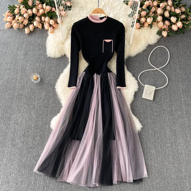 Design Splice Knitted Mesh Dress Female Elegant French Long Sleeve A-line Dresses Autumn Casual Streetwear Long Dress