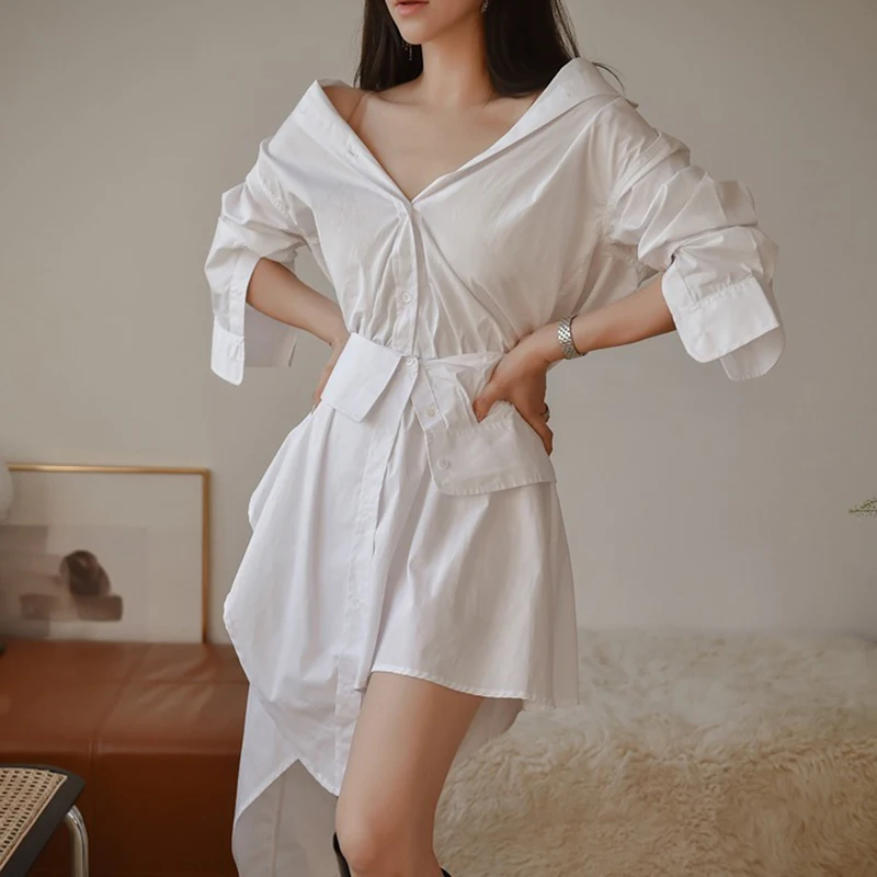 

White Elegant Dress For Women V Neck Long Sleeve High Waist Irregular Hem Dresses Female Fashion New Clothing