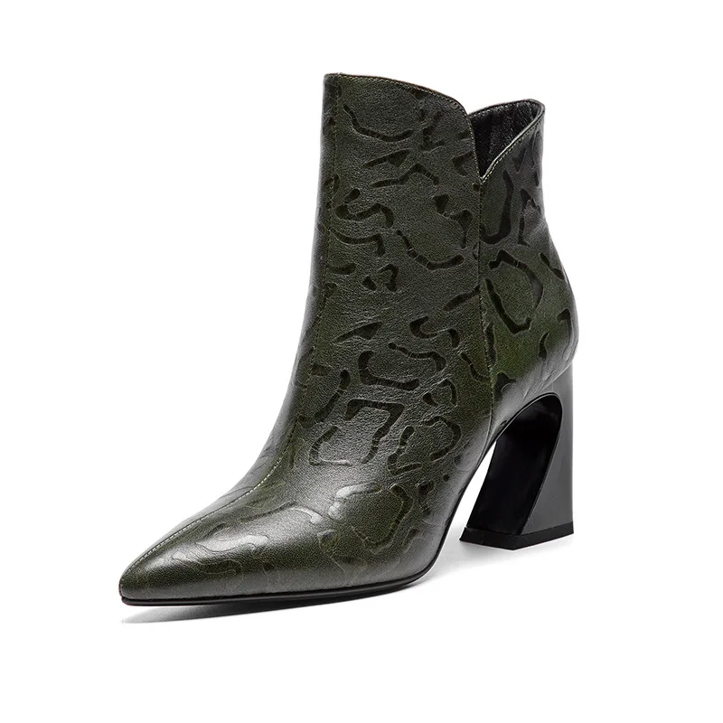 

2021 winter heel short boots women's pointed new thick women's boots women's cowhide high heel leather boots