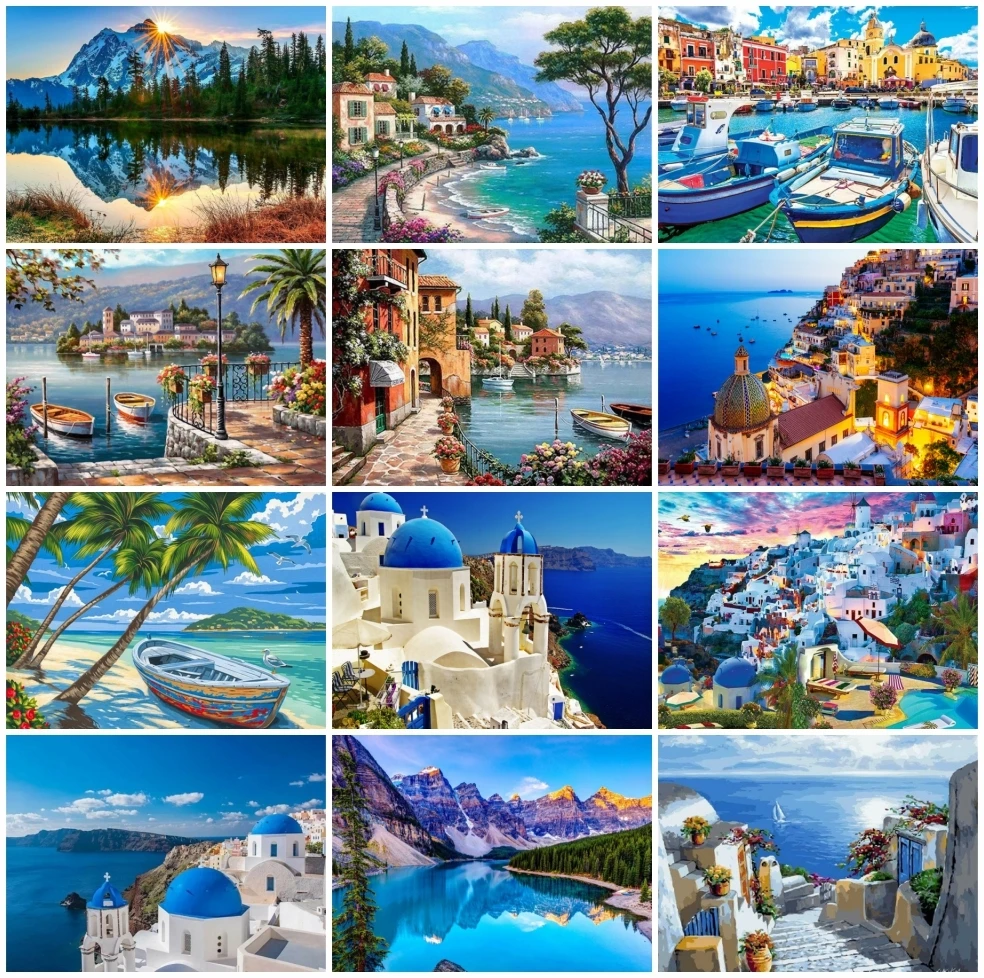 AZQSD Painting By Numbers Seaside Scenery Hand Paint Kit Canvas Diy Gift Wall Art Home Decor Oil Painting City Landscape