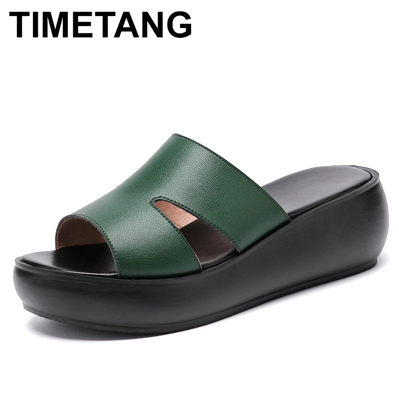 

TIMETANG women slippers summer shoes 2020 casual shoes genuine leather wedge platform slippers women high heel sandals slides