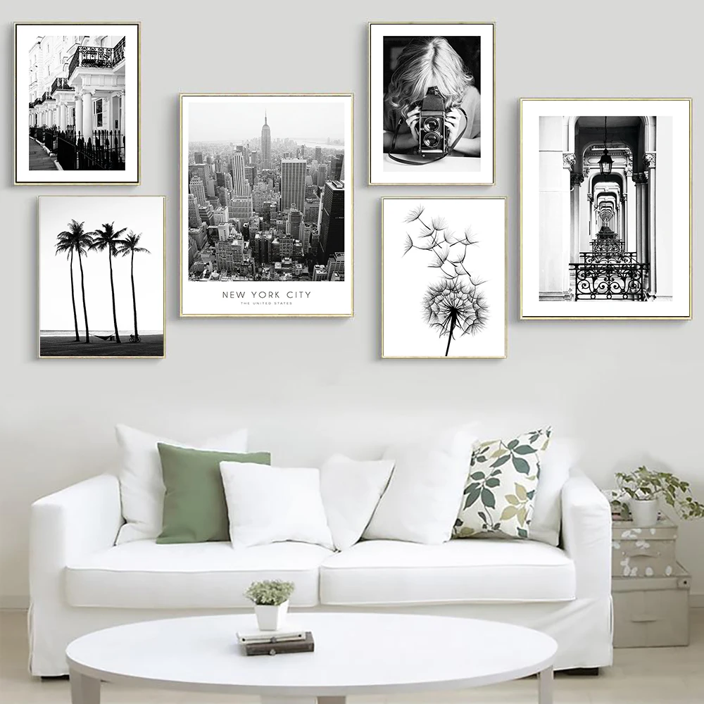 

Nordic Style Black and White Poster Dandelion Palm Tree Wall Art Decoration Picture Living Room Architecture Posters and Prints