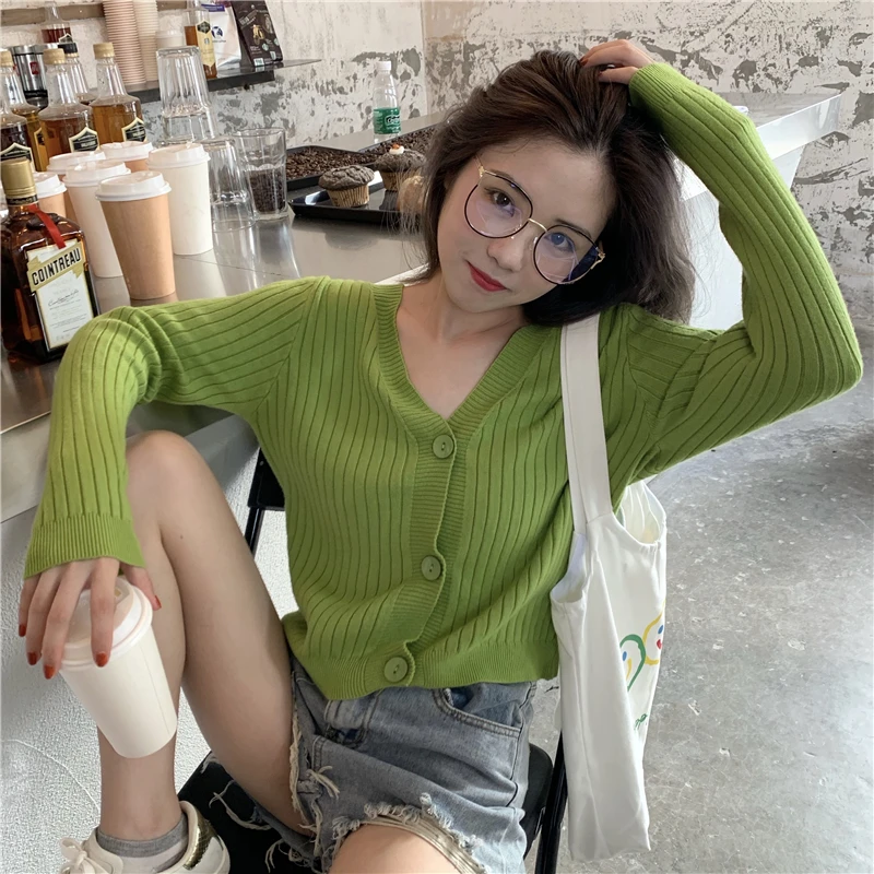 Короткий кардиган Женский трикотажный свитер с V-образным вырезом пальто топы