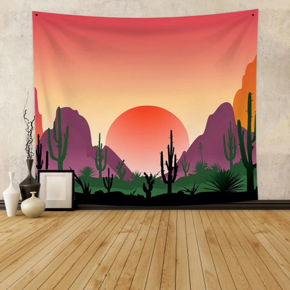 

Laeacco Sunset Tapestry Mountains Cactus Mandala Wall Hanging Psychedelic Hippie Bedspread Throw Cover Wall Decor Background