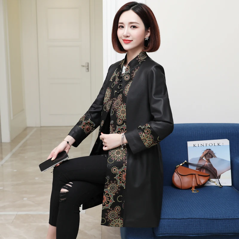 

JCHB 2021 style China new printed genuine leather coat Women's Mid-length middle-aged Korean style leather coat