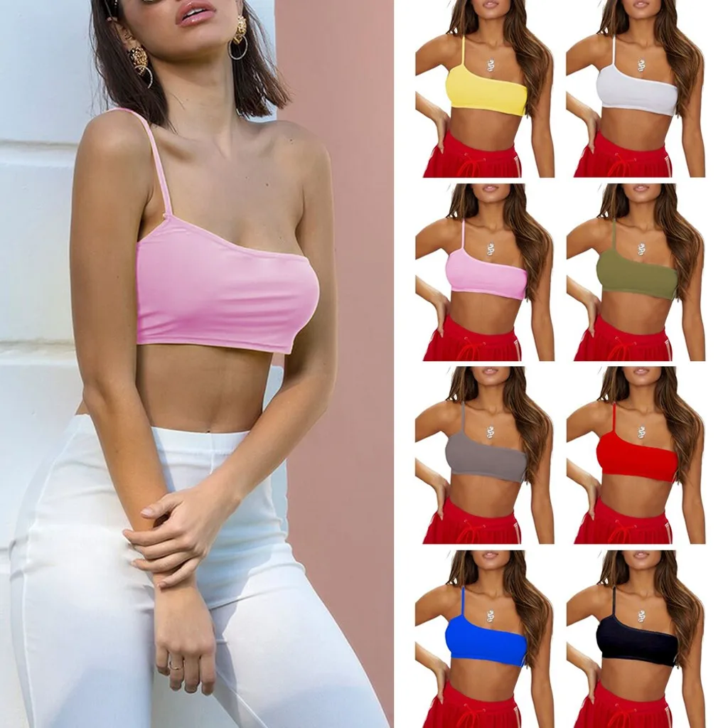 Женский однотонный Топик с бретельками на одно плечо стрейчевый Укороченный