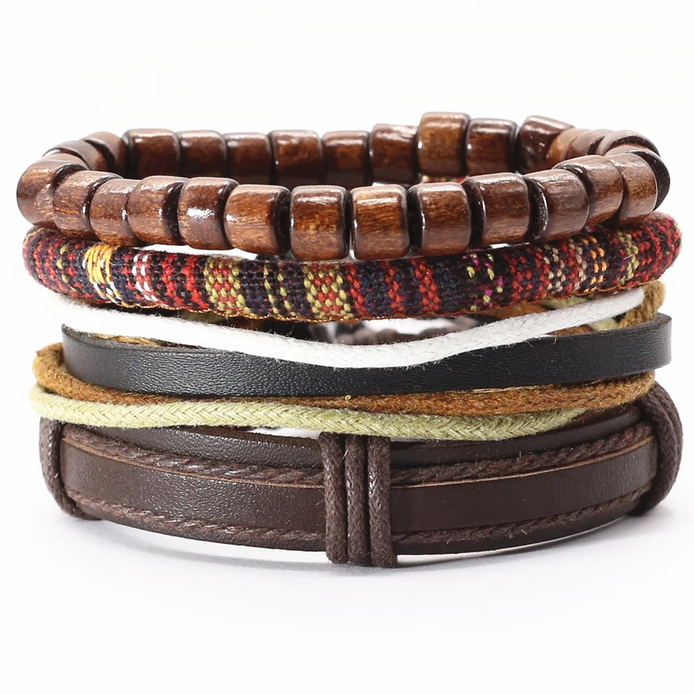 Мужские браслеты ручной работы в этническом стиле панк 4 шт./компл. с деревянными