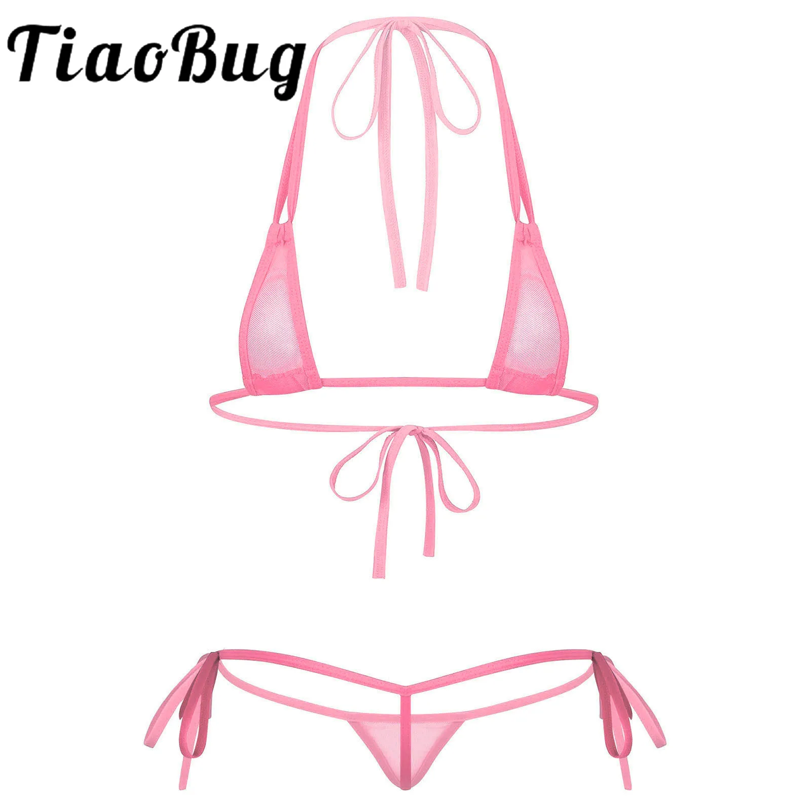 

Womens See-through Lingerie Suit Triangle Micro Bikini Set Swimwear Mesh Strappy Halter Neck Bras Tops T-Back Thong Briefs