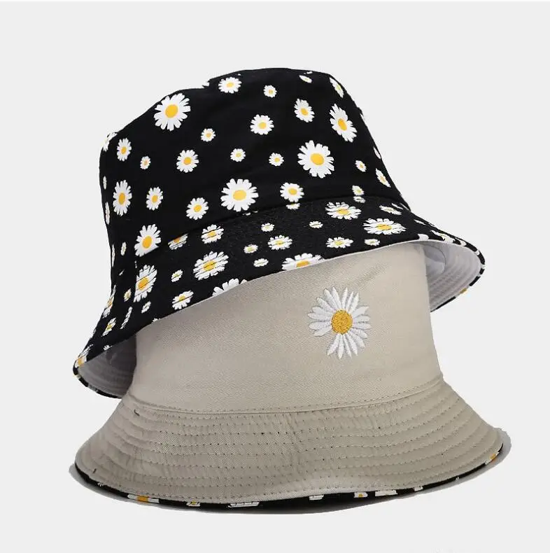 

Two Side Reversible Daisy flower Bucket Hat Women Men Cotton Cap Girls Double-Sided Bob Sun Outdoor Summer Sunscreen panama hat