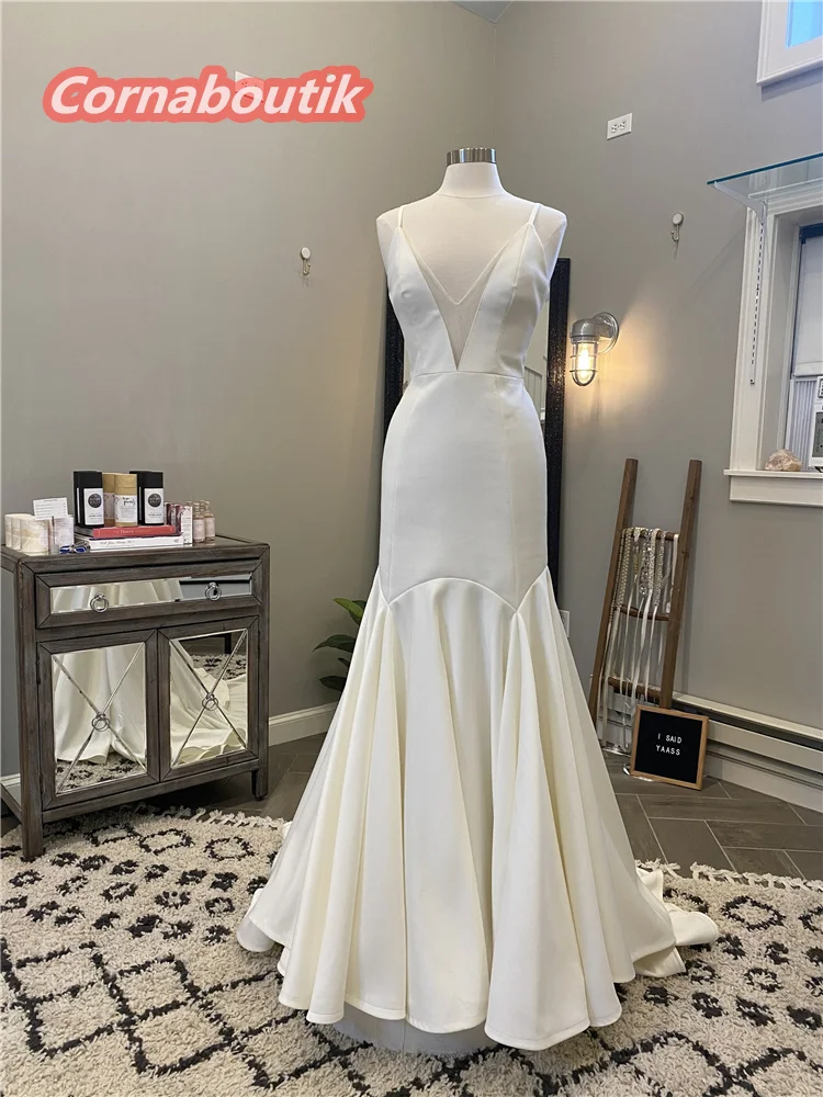

Trumpet Satin Wedding Gowns Simple Modern Pleats Deep V Neck Bridal Gowns COR-009 Custom Made V Back Spaghetti Straps