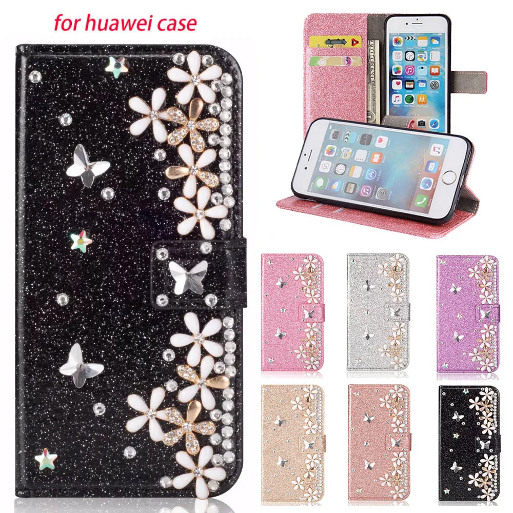 

Bling Rhinestone Flower Card Wallet Flip Slot Leather Case for Huawei P20 P30 P40 Y6 Y7 Y9 Y5 2019 Mate 10 20 Pro Honor 10 Lite