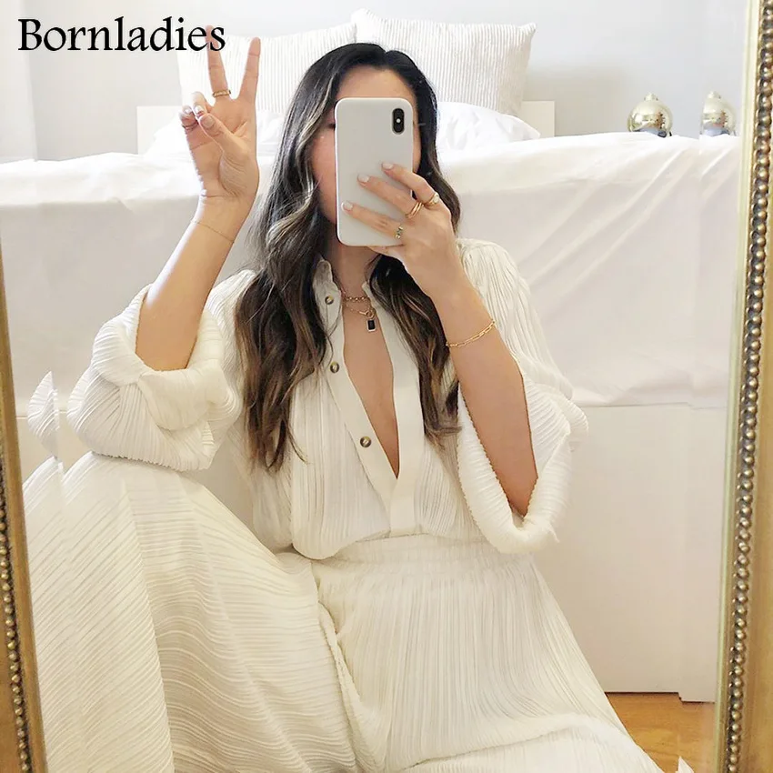 Комплекты женских плиссированных широких брюк Bornladies брюки палаццо с высокой