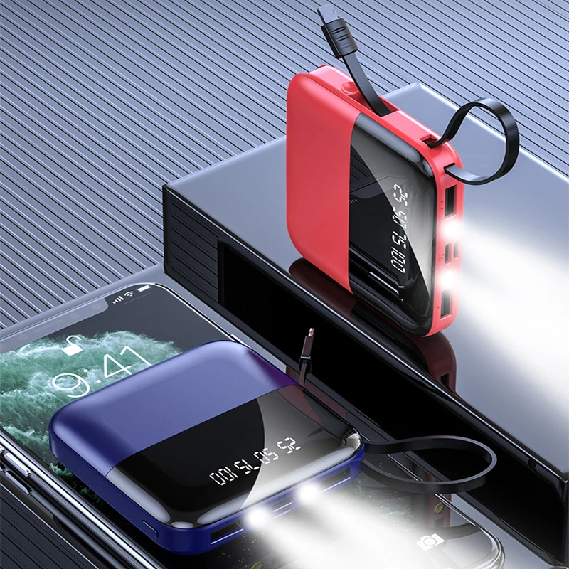 

20000mAh Mini Power Bank With Cable Portable Charger External Battery Pack Power Bank for iPhone Huawei Samsung Xiaomi Powerbank