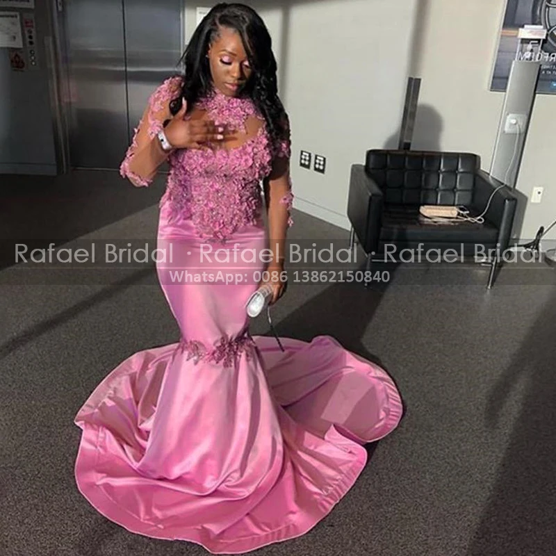 

2021 Конфета "Русалка" розовые вечерние платья 3D-Floral аппликации прозрачные длинные рукава с длинным шлейфом Выпускной Платья вечерние для Для...