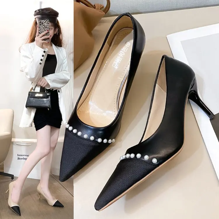 

2021 New Women's Pearl Pointed High Heels Female Temperament Banquet Professional Pumps Women's Slingback Shoes