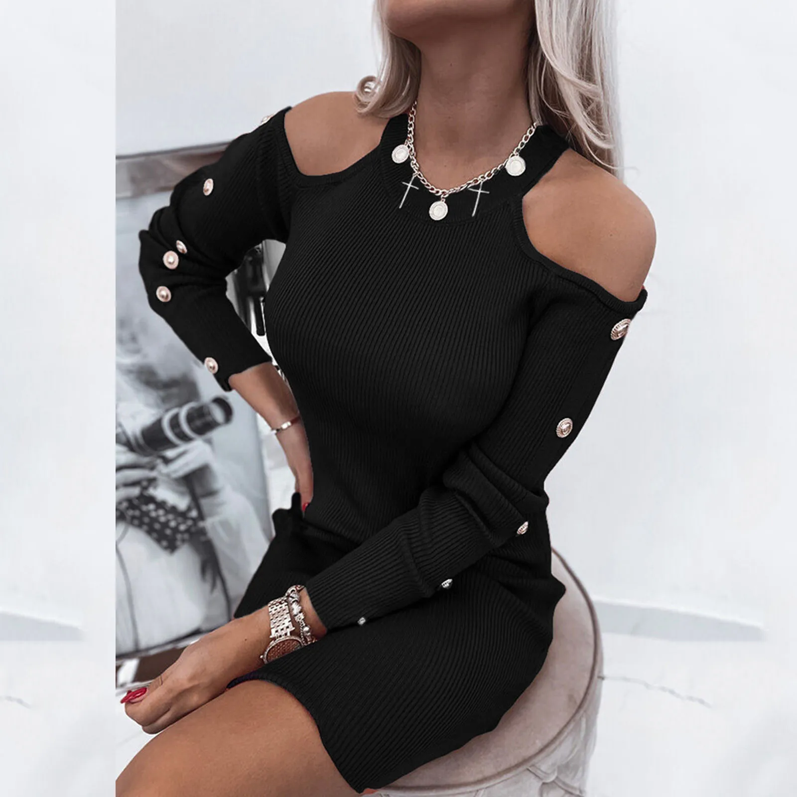 

Женское мини-Платье без бретелек, с длинным рукавом и круглым вырезом