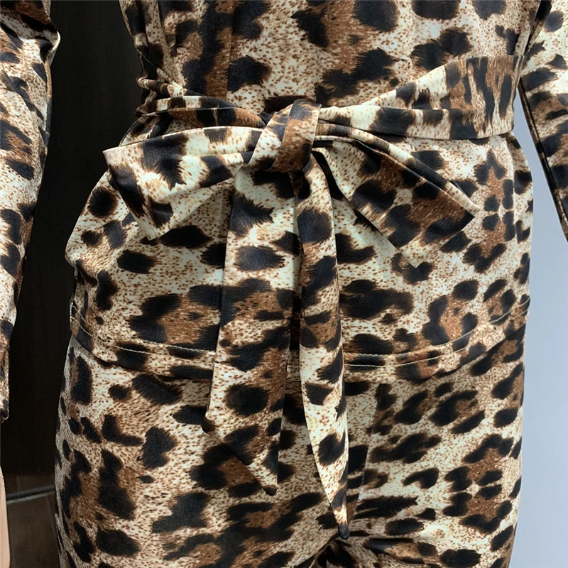 

Fall/Winter Women's Casual Fashion leopard-print belted trouser set of two pieces