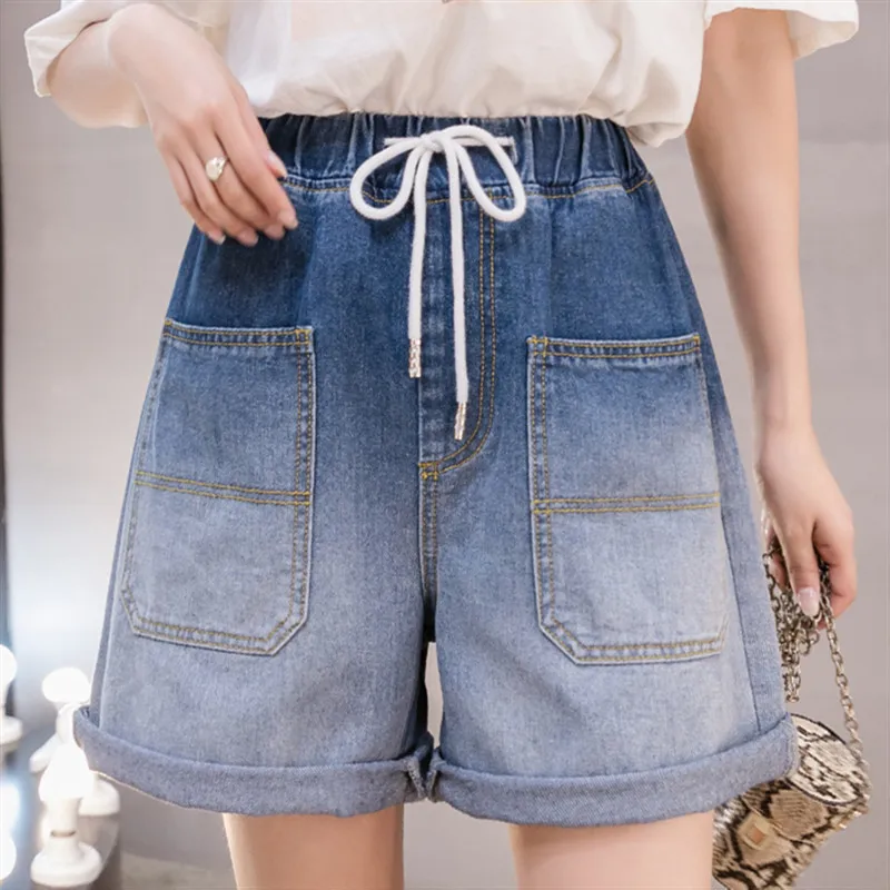 

POUNGDUDU 2021 Summer Women's Denim Shorts For Girl Plus Size 100KG Wearable Shorts Jean Female Pockets High-Waist Elastic Loose