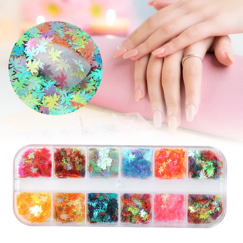 12 сетка/набор лак для ногтей с блестками Смешанное зеркало кленовый лист цвет