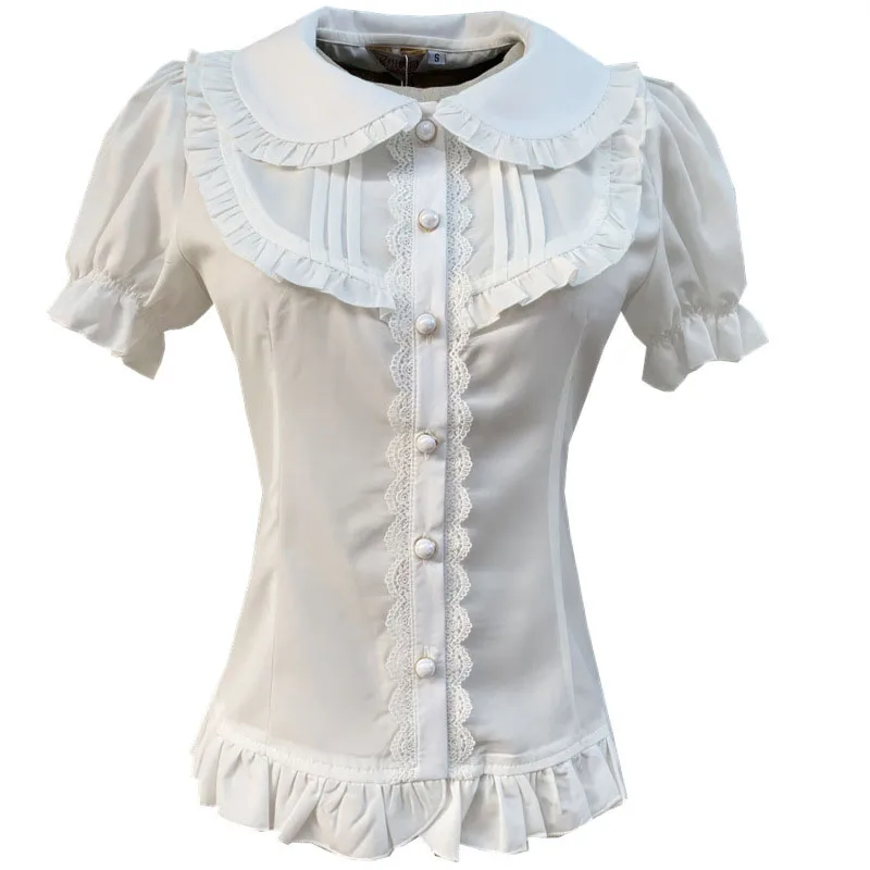 Плиссированная кружевная блузка с короткими рукавами топы в Стиле Лолита на