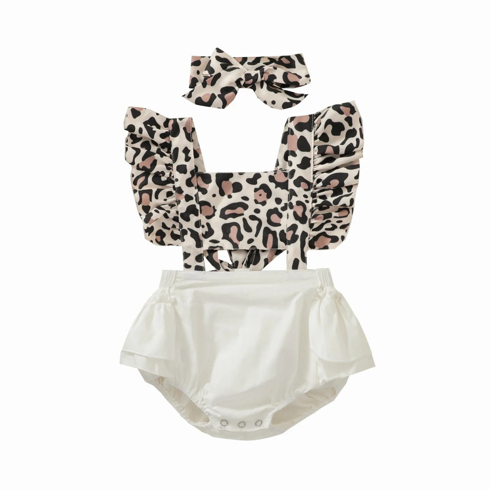 

Summer Baby Girls Romper + Headband Cotton Linen Ruffles Sleeveless Backless Leopard Infant Rompers Newborn Clothes