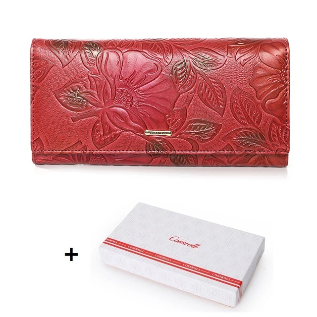 red with box Женский кошелек из натуральной кожи, длинный женский кошелек с цветочным рисунком, женские кошельки, роскошные дизайнерские кошельки из натуральной кожи - Цвет: red with box