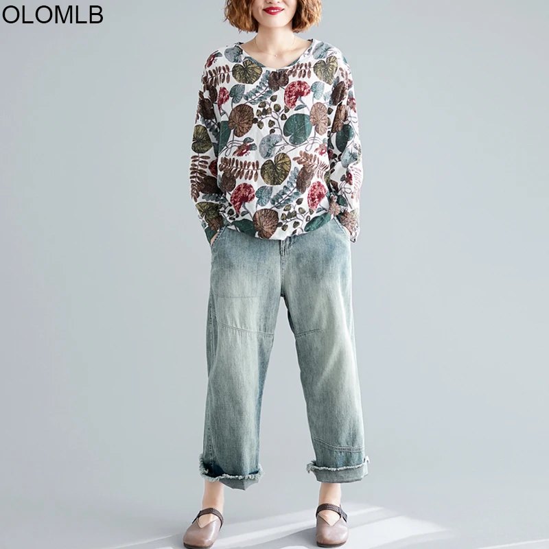 Женская футболка оверсайз с цветочным принтом V-образным вырезом и длинным