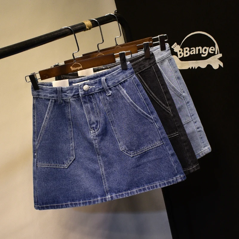 Черные джинсовые юбки трапециевидной формы с большим карманом на молнии женские