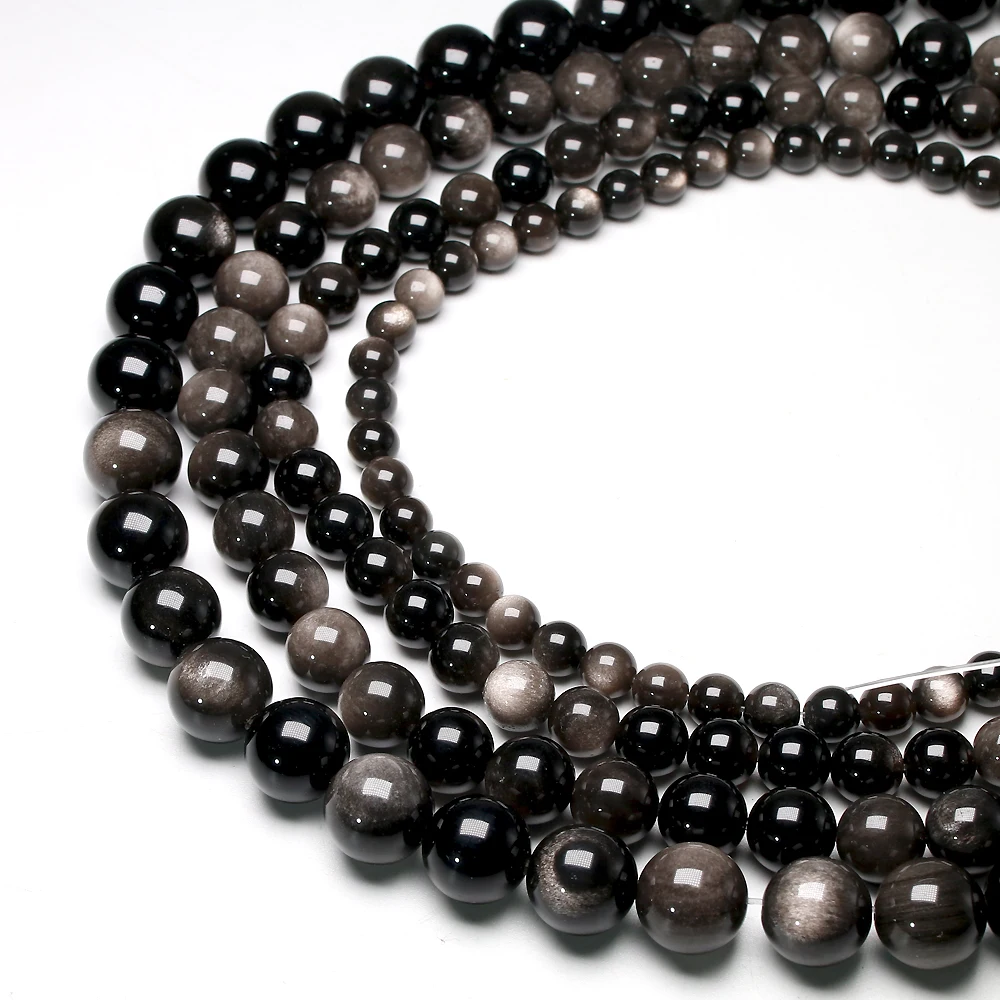 Бусины из натурального камня серебряного цвета, обсидиановые минералы, бусины россыпью, 15 дюймов, 4, 6, 8, 10, 12 мм, фотобраслет