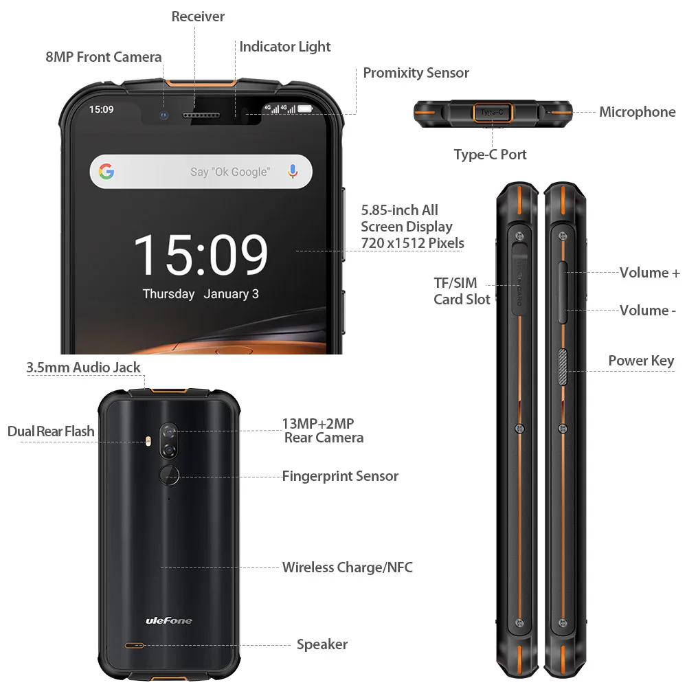 Ulefone Armor 5S IP68 водонепроницаемый смартфон с глобальной панелью 4G 5 85 '' 4 Гб + 64 ГБ