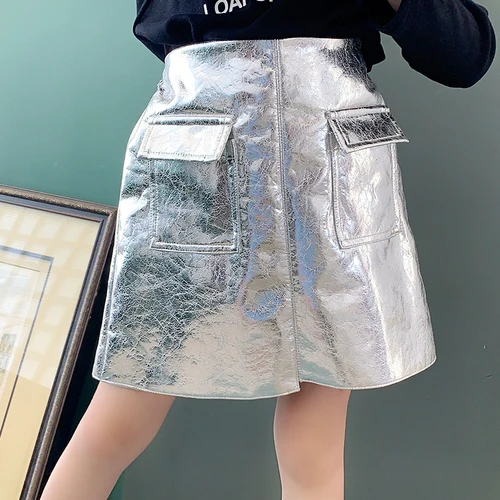 Girls skirt early autumn new bright face laser skirt was thin fashion foreign gas pocket A word skirt - Цвет: Серебристый
