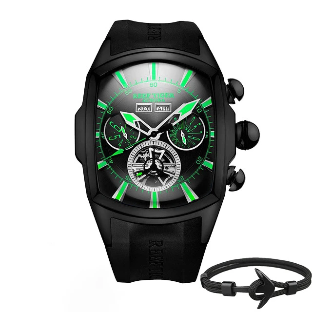 Топ бренд Reef Tiger Reloj Hombre Роскошные Tourbillon циферблат автоматические часы с резиновым ремешком механические водонепроницаемые мужские часы даты Relogio Masculino+ подарок - Цвет: RGA3069-BBBN Box