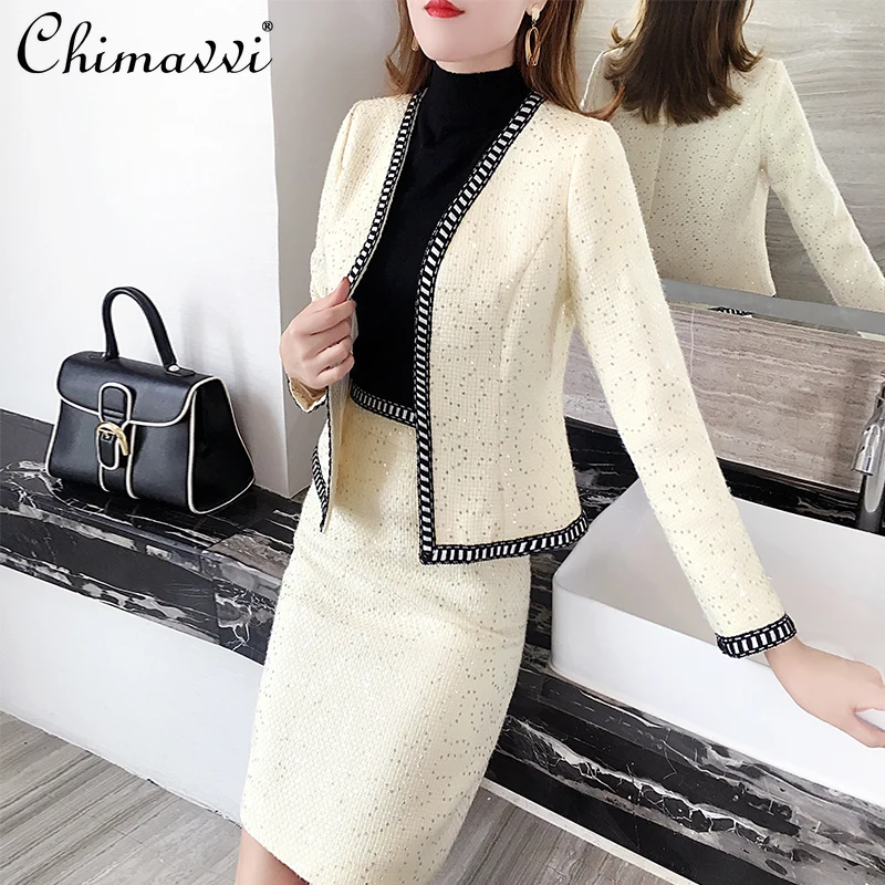 

Two Pieces Skirt Set Women's 2021 Autumn Fashionable Elegant Woolen Cardigan Coat Female High Waist A Line Mini Skirt