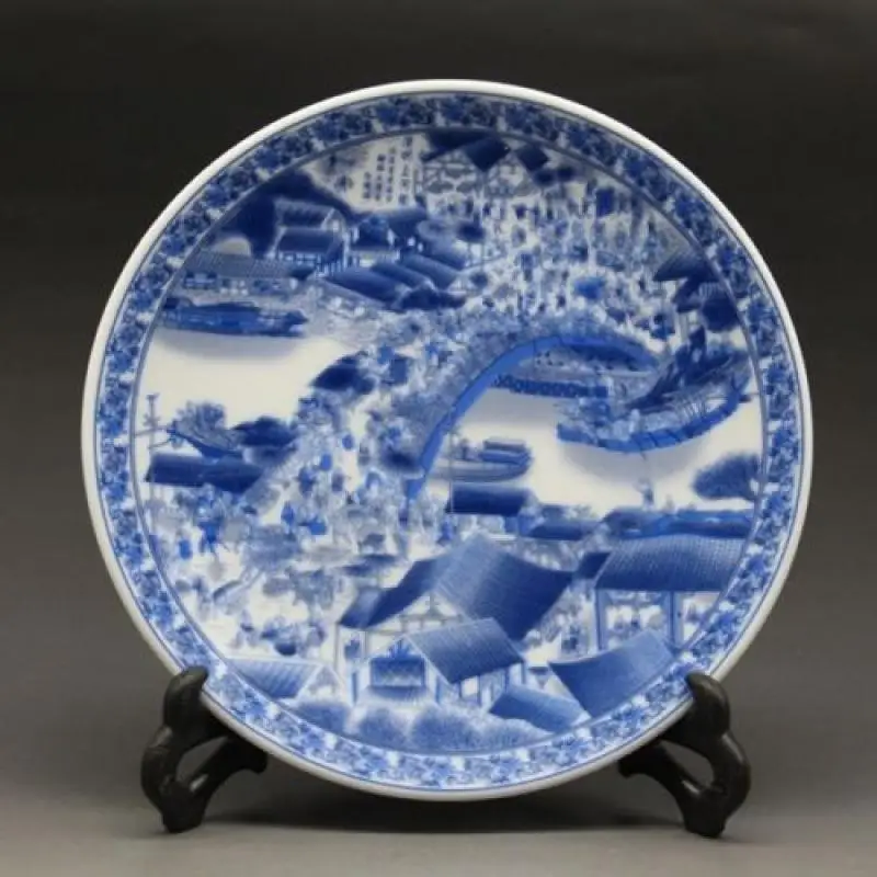

Chinese Blue and white Porcelain painted Qingming scroll Plate