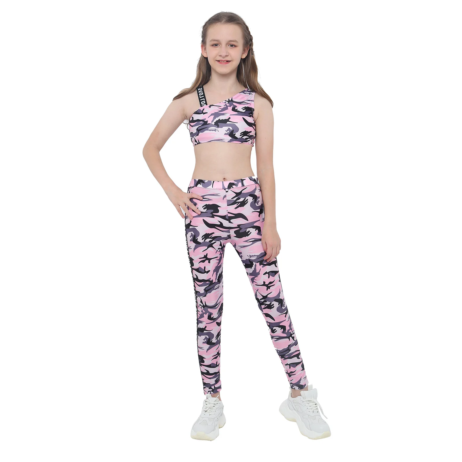 

Детский Камуфляжный спортивный костюм для девочек, танцевальный костюм для балета, укороченный топ и штаны, детский спортивный костюм, спортивная одежда для йоги и тренировок