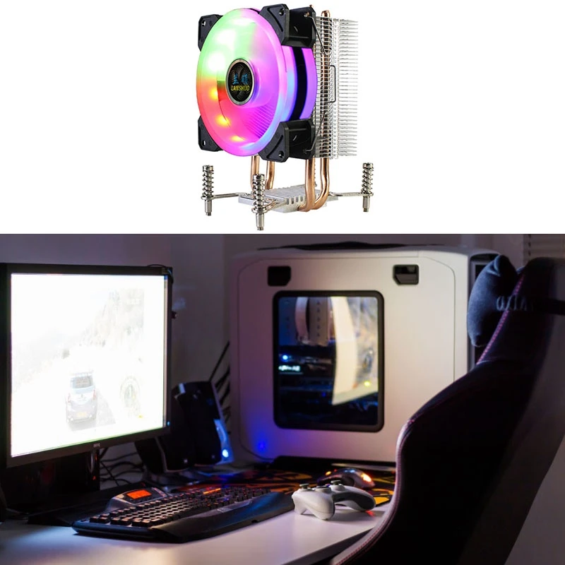 Кулер для процессора LANSHUO с 2 тепловыми трубками радиатор RGB-подсветкой