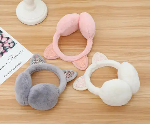 Женские меховые наушники зимние теплые с кошачьими ушками блестящая повязка на