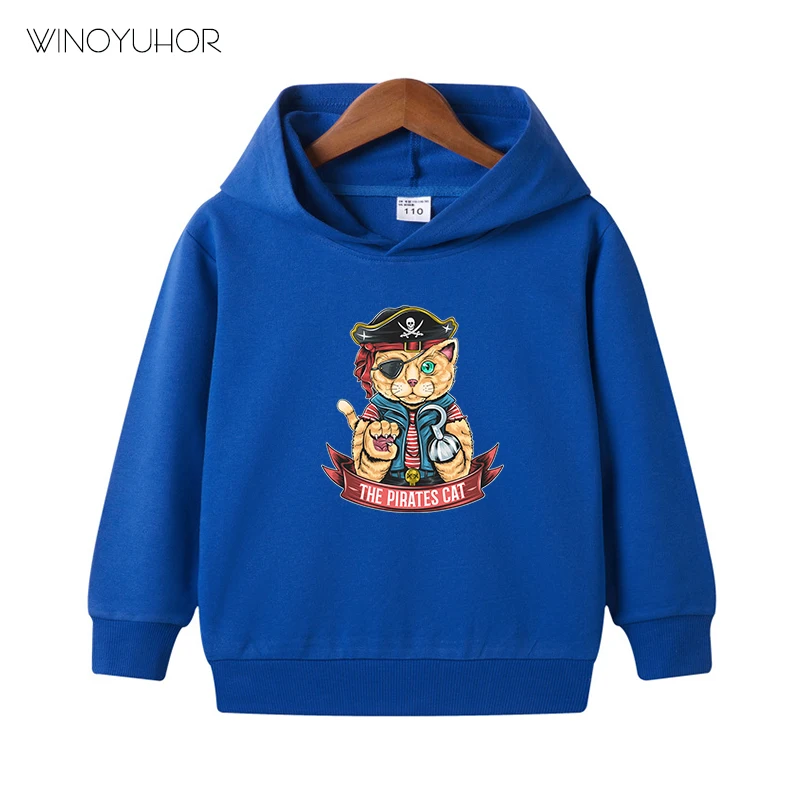 Sudadera con capucha con estampado de gato pirata para ni&ntilde;o y ni&ntilde;a, jerseys de manga larga de algod&oacute;n, ropa de calle fresca, ropa de Hip Hop para oto&ntilde;o-5