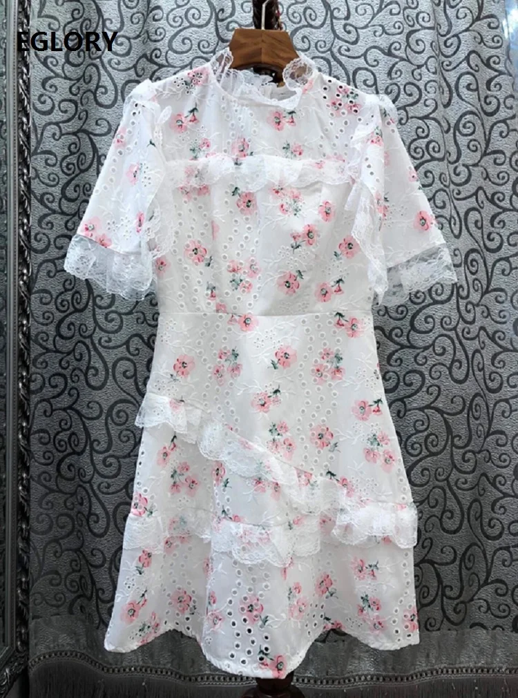 

Top Quality New 2020 Summer White Dress Women Pink Flower Print Hollow Out Embroidery Ruffle Lace Patchwork Slim Fitted Dress