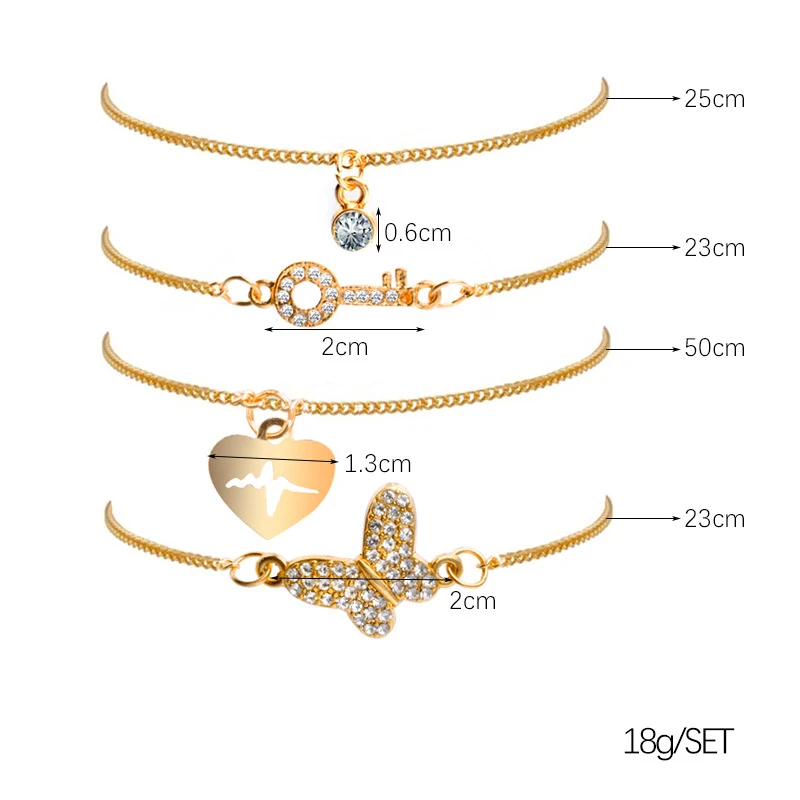 4 Pcs/Set Fashion Gold Bracelets Sets Key Butterfly Electrocardiogram Heart Round Rhinestone Cuff Bracelet Women Simple Jewelry | Украшения