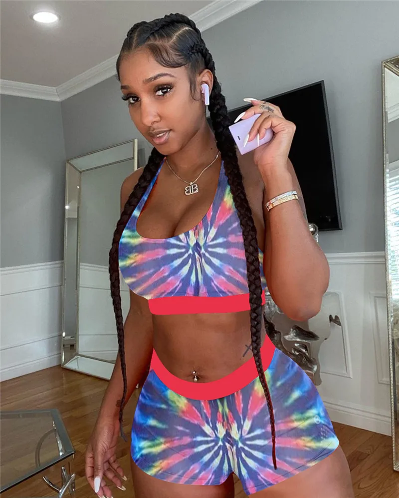 

Women Swimmer Breathable 2 Piece set 2020 Sporting Running Pants Sets Two Piece Set Female sexy Printed strap Outfits Short Sets