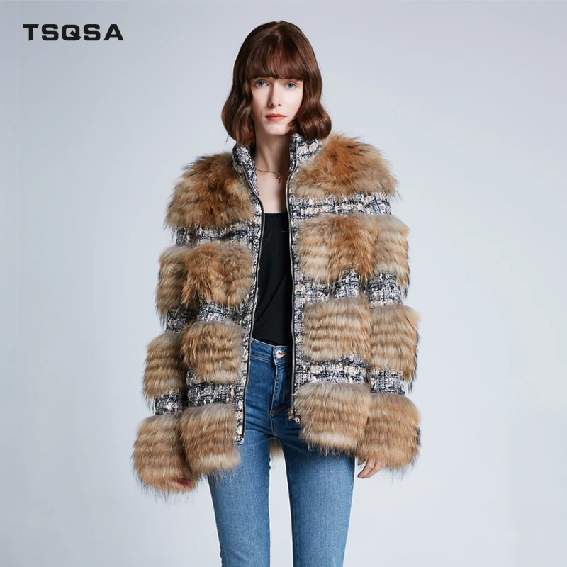 TSQSA 2019 Новое Женское зимнее пальто из натурального меха енота женские куртки