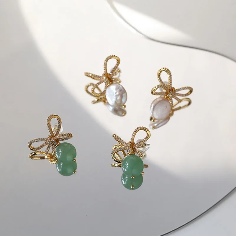 

Women cubic zircon bowknot style earrings stud nutral pearl earrings