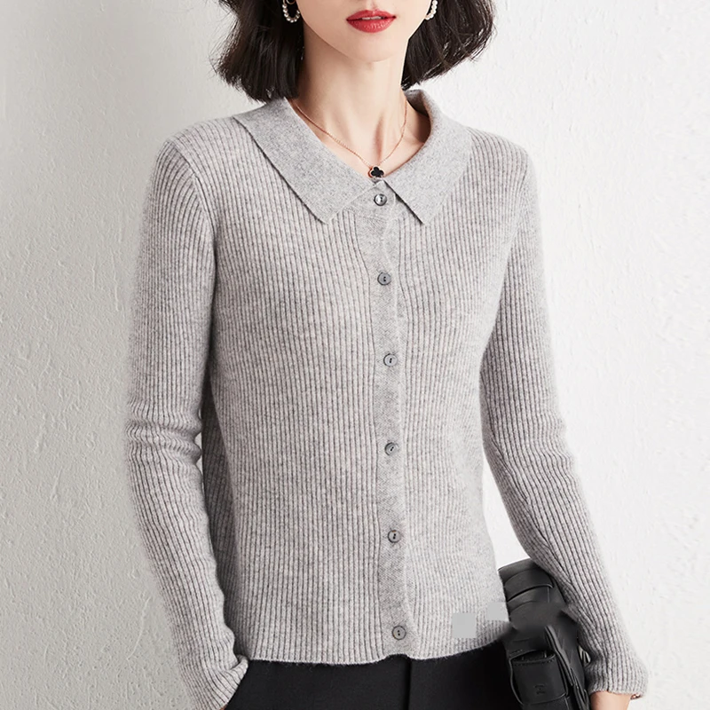 

Облегающий однотонный вязаный кардиган-поло с воротником, Женский Эластичный однобортный короткий топ с длинным рукавом, 10 цветов, весна